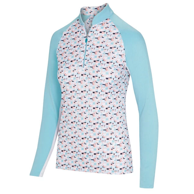 Greg Norman Ladies Prism Print L/S Half Zip Golf Midlayer Greg Norman Ladies Prism Print L/S Half Zip Golf Midlayer -American Golf Shop 405670 OasisBlue Greg Norman Ladies Prism Print Midlayer 1